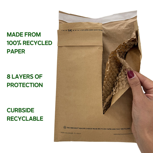 HEROHEX Paper Padded Mailers - 100% Recycled - Custom or Plain - from packs of 25