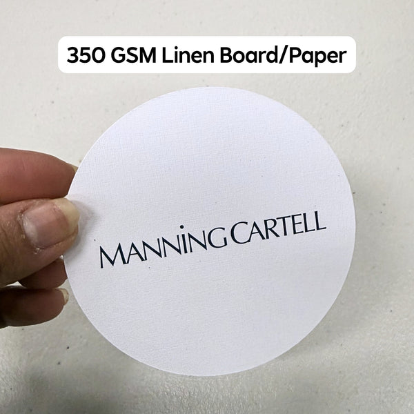 Custom printed Manning Cartell coaster on 350gsm textured linen board - premium branded coasters