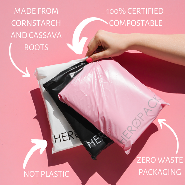 HEROPACK 100% Certified compostable, made from cornstarch and cassava roots.